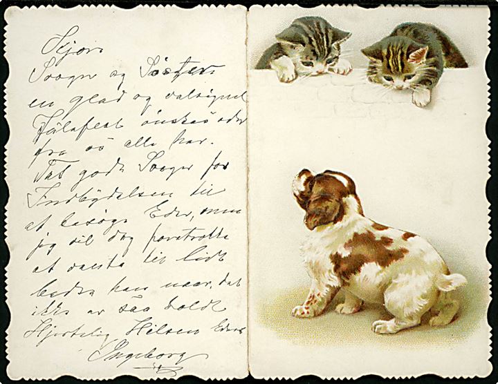 Hundehvalp og kattekillinger. Relief Karton klapkort med Julehilsen. U/no. Kvalitet 8