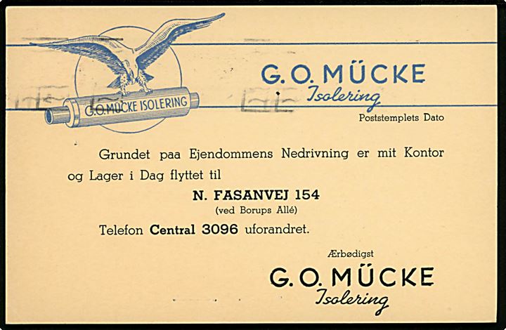 Reklame. G. O. Mücke Isolering. Reklamekort vedr. flytning pga. af nedrivning i 1942. U/no. Kvalitet 7