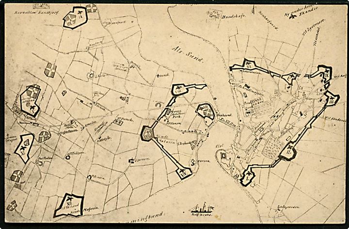 Krigen 1864. Kort over de danske styrker ved Dybbøl. Stenders no. 56766. Kvalitet 7