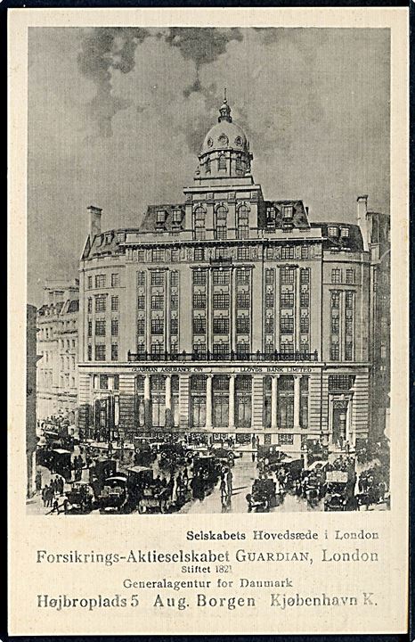 Højbro Plads 5, Guardian Forsikring A/S med billede af hovedsæde i London. Reklamekort u/no. Kvalitet 9