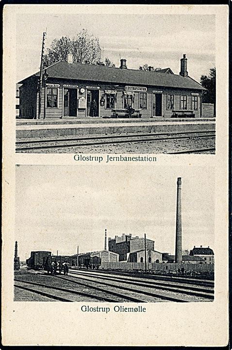 Glostrup jernbanestation og Oliemølle med godsvogne. S. Schiøler no. 4126. Kvalitet 8