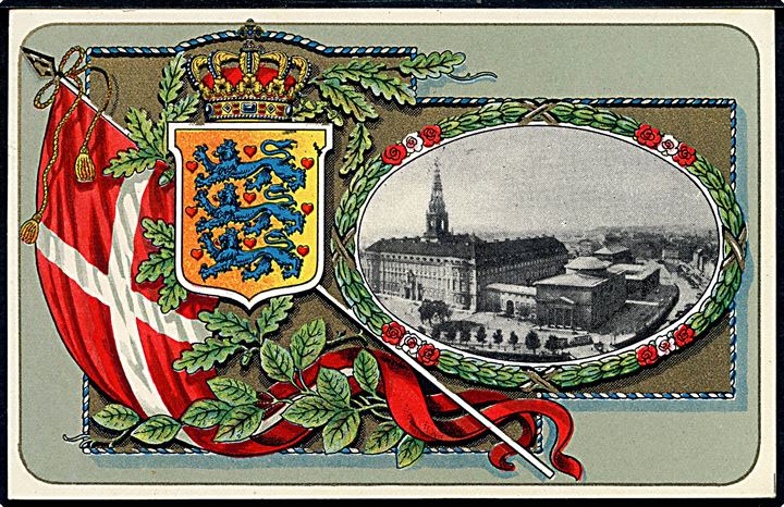 Christiansborg med Dannebrog og rigsvåben. ICO u/no. Kvalitet 9