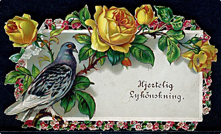 Lysønskningskort med blomster og due. Dateret 5.9.1885. U/no. Kvalitet 8