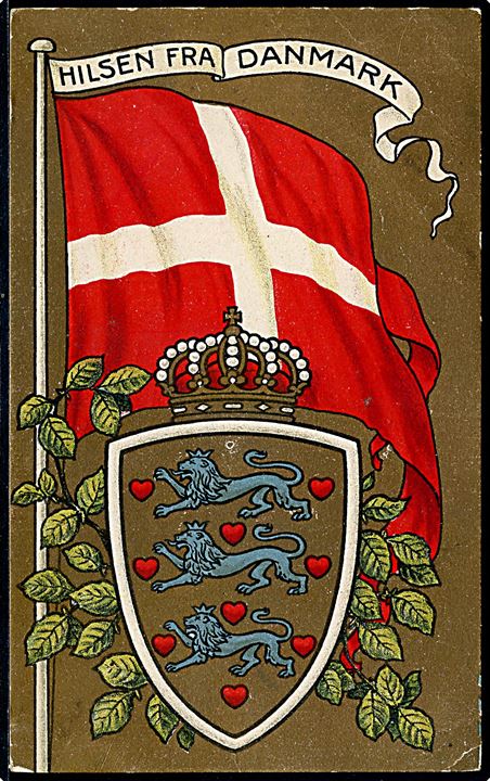 Flag. “Hilsen fra Danmark”. Dannebrog og Rigsvåben. A. Vincent serie 184/6. Kvalitet 7
