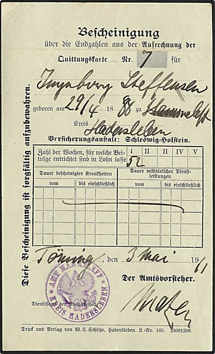 Sønderjylland. Aus Hammeleff, Kreis Hadersleben,  afstempling på forsikringspapir fra 1911.