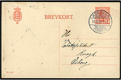 10 øre Chr. X helsagsbrevkort (fabr. 54-M) fra Ørting annulleret med bureaustempel Horsens - Odder T.8 d. 11.3.1920 til Viborg.