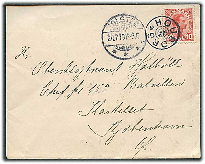 10 øre Chr. X på brev annulleret med stjernestempel HOUBORG og sidestemplet Holsted d. 24.7.1919 til Chefen for 15. Bataillon, Kastellet, København.