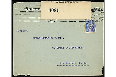 20 øre Posthorn på brev fra Kristiania d. 12.5.1917 til London. Åbnet af britisk censur no. 4081. Nusset.