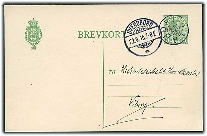 5 øre helsagsbrevkort annulleret med stjernestempel LANDET og sidestemplet Svendborg d. 22.6.1915 til Viborg.