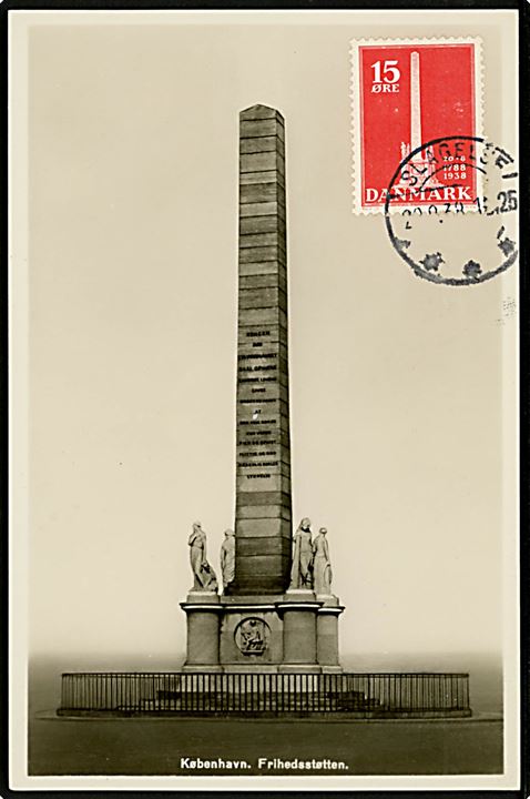 15 øre Stavnsbåndet på maxikort med Frihedsstøtten stemplet Slagelse d. 28.8.1938.