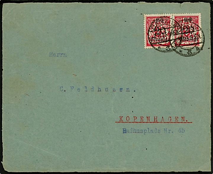 20 pfg/100 mk. Provisorium i parstykke på BREVFORSIDE fra Danzig d. 2.11.1923 til København, Danmark.
