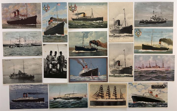 Skibe, damp- og sejlskibe incl. mandskabsbilleder, orlogsskibe og tidlig billet fra Ångbåten “Helsingborg” 1862. 90 kort.