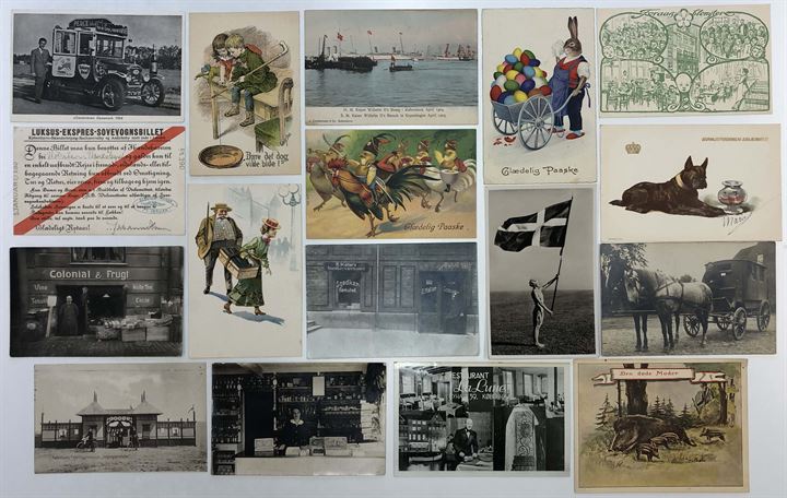 Diverse. Haandværkernes Vogntog 1904, tegnede, reklame, facader og lidt topografi. 85 kort.