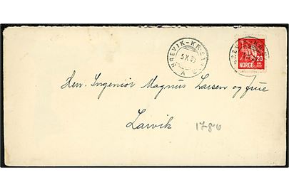 20 øre Olav den Hellige på brev annulleret med sejlende bureaustempel Brevik - Kr.Sand.S A d. 5.10.1930 til Larvik.