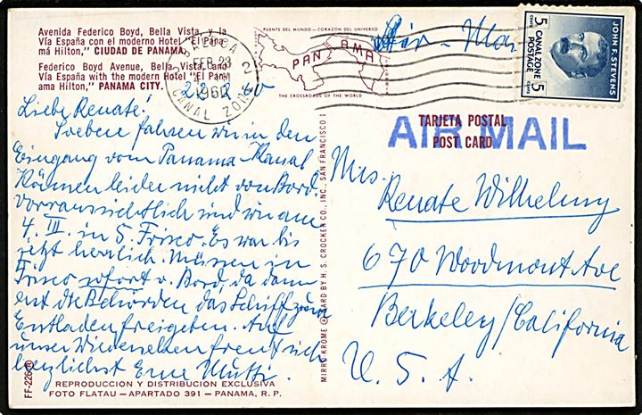 5 c. Stevens single på luftpost brevkort fra Balboa Canal Zone d. 23.2.1960 til Barkeley, USA.