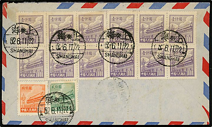 200 $, 800 $ og 1000 $ (12) på bagsiden af luftpostbrev fra Shanghai d. 11.6.1952 via canton d. 14.6.1952 til Risskov, Danmark.
