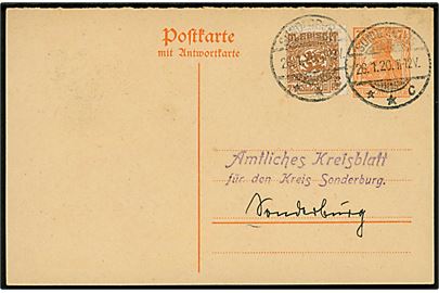 Tysk 7½ pfg. Germania helsagsbrevkort opfrankeret med 7½ pfg. Fælles udg. sendt lokalt og annulleret Sonderburg **c d. 26.1.1920. Overfrankeret, men gyldig blandingsfrankatur. Uden meddelelse.