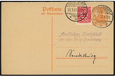 Tysk 7½ pfg. Germania helsagsbrevkort opfrankeret med 10 pfg. Fælles udg. sendt lokalt og annulleret Sonderburg **c d. 26.1.1920. Overfrankeret, men gyldig blandingsfrankatur. Uden meddelelse.