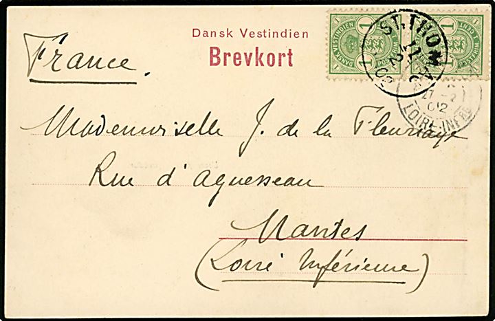1 cent Våben i parstykke på brevkort (Partier fra St. Thomas Havn) stemplet ST: THOMAS d. 11.2.1902 til Nantes, Frankrig.