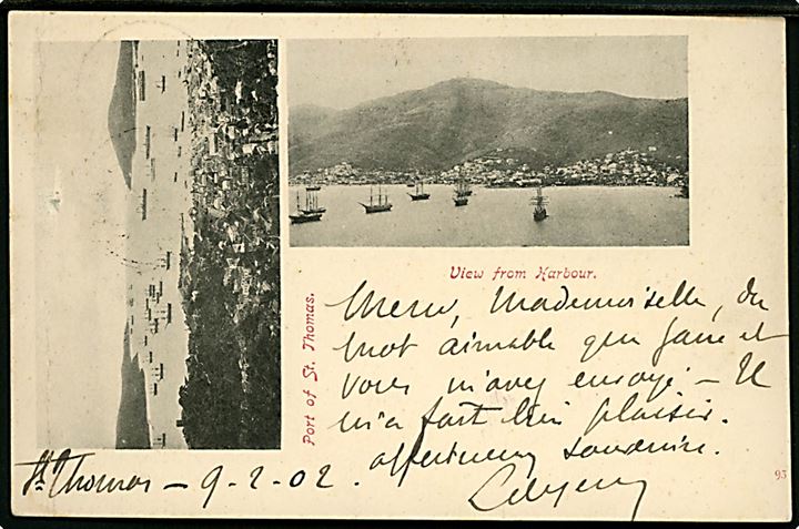 1 cent Våben i parstykke på brevkort (Partier fra St. Thomas Havn) stemplet ST: THOMAS d. 11.2.1902 til Nantes, Frankrig.