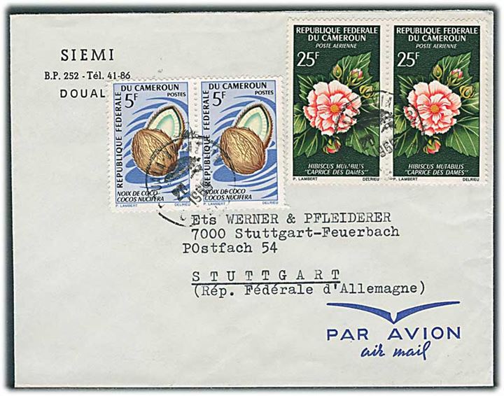 60 fr. frankeret luftpostbrev fra Douala 1969 til Stuttgart, Tyskland.