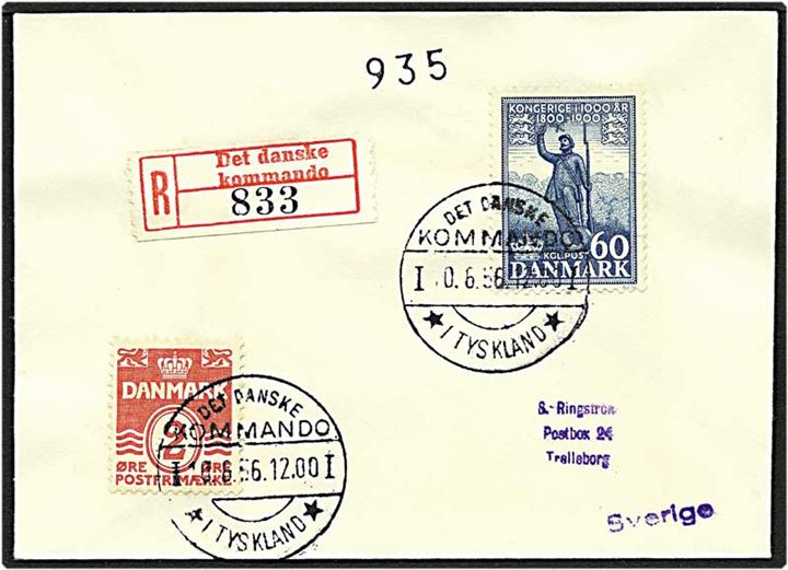 62 øre porto på Rec. brev fra Det Danske Kommando / *i Tyskland d. 10.6.1956 til Trelleborg, Sverige.