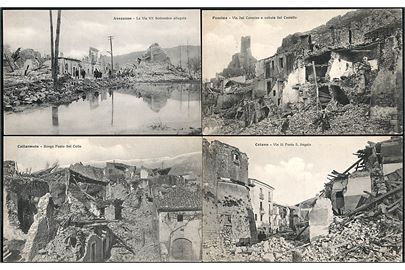 Italien, ødelæggelser efter jordskælv d. 13.1.1915 i Avezzanoi i Abruzzo i det centrale Italien, hvor omkring 32.000 mennesker omkom. 4 kort sendt fra Napoli d. 13.2.1915 til Danmark.