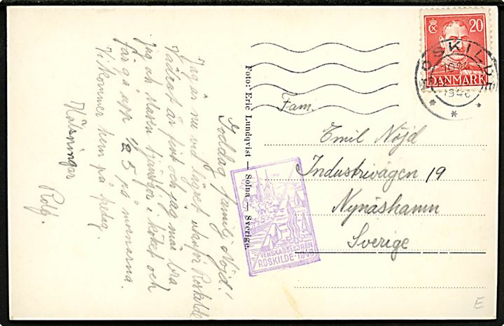 20 øre Chr. X på brevkort (Venskabslejren Roskilde 1946 med damptog) fra Roskilde d. 12.7.1946 og sidestemplet Venskabslejren Roskilde 1946 til Nynäshamn, Sverige.