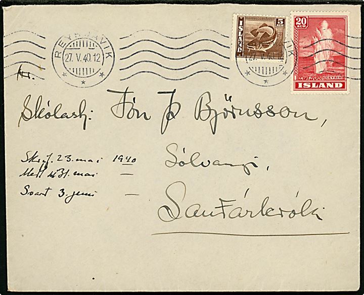 5 aur Torsk og 20 aur Geysir på brev fra Reykjavik d. 27.5.1940 til Sauðárkrókur.