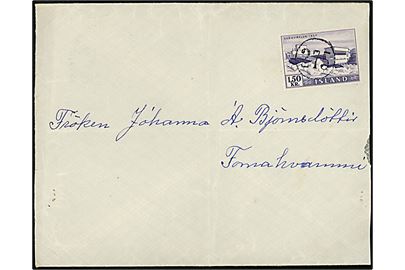 1,50 kr. Elkraftværk single på brev annulleret med nr.stempel 275 i Stóra-Giljá ca. 1956 til Fornahvammi. Afkortet i højre side og svag fold. 