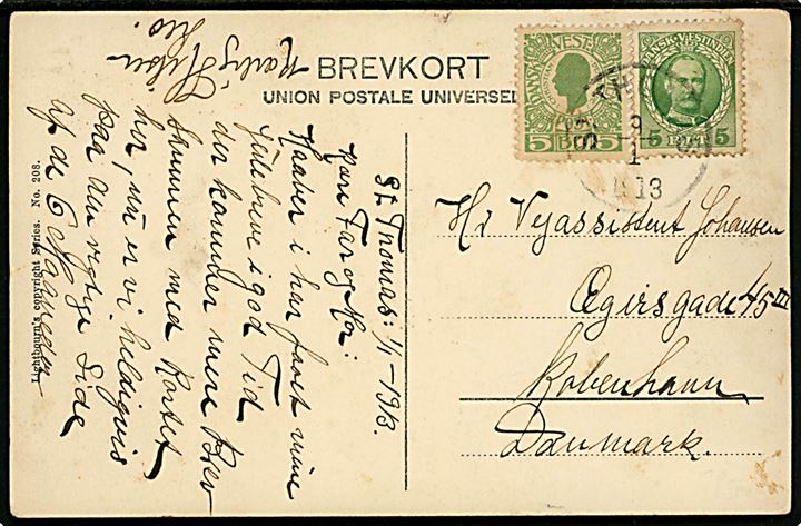 5 bit Chr. IX og 5 bit Fr. VIII på brevkort (Hamburg Amerika Linie Station, St. Thomas) med Julemærke 1912 annulleret St. Thomas d. 9.1.1913 til København, Danmark.