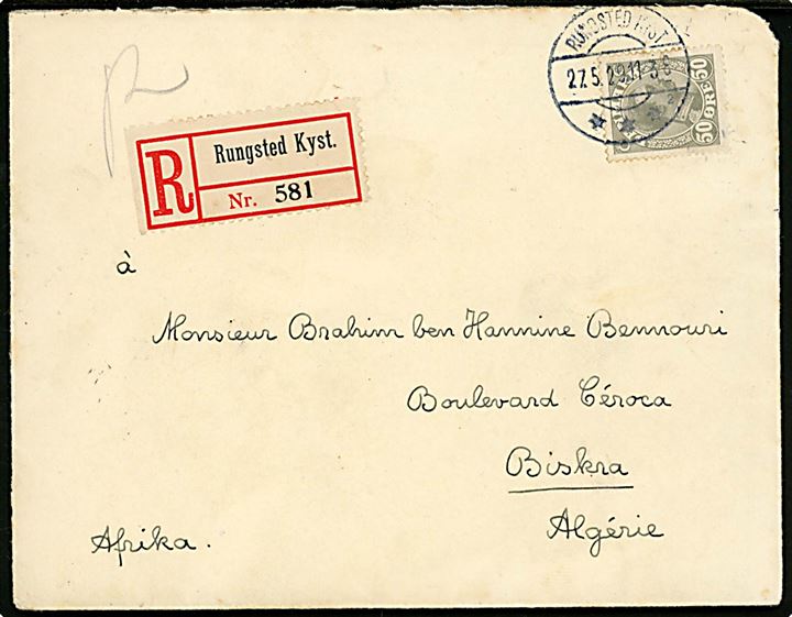 50 øre Chr. X single på anbefalet brev fra Rungsted Kyst d. 27.5.1929 til Biskra, Algeriet, Afrika. God destination.