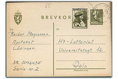 15 øre helsagsbrevkort opfrankeret med 15+10 øre Nasjonalhjelpen fra Lødingen annulleret med sejlende bureaustempel Trondheim - Kirkenes L d. 14.10.1946 til H7-Lotteriet, Oslo.