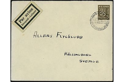 3 mk. Løve single på luftpostbrev annulleret med 2-sproget stempel Åbo 12 Flygpaviljongen d. 12.9.1935 til Hälsingborg, Sverige.