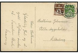 5 øre og 10 øre Bølgelinie på brevkort fra Faarvang annulleret med bureaustempel Langaa - Bramminge sn3 T.1214 d. 23.12.1922 til Silkeborg.