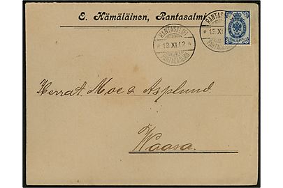 20 pen. Våben på brev annulleret med 2-sproget stempel i Rantasalmi d. 13.11.1902 til Wasa. 