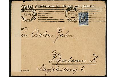 Russisk 20 kop. Våben på brev fra Helsingfors d. 10.2.1917 til København, Danmark. Åbnet af russisk censur i Torneå. 
