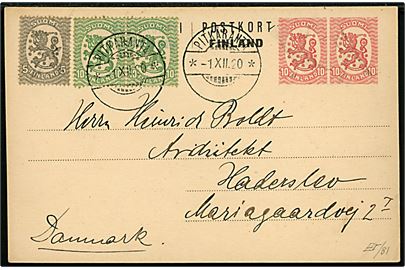 10 pen. + 10 pen. provisorisk helsagsbrevkort opfrankeret med 5 pen. og 10 pen. (par) Løve annulleret med kryds og Pitkäranta d. 1.12.1920 til Haderslev, Danmark.