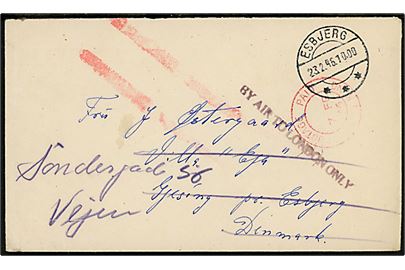 Luftpostbrev fra dansk sømand ombord på M/S Highland Chieftain med rødt stempel Postage Paid / Hong Kong d. 7.2.1946 og liniestempel By Air to London only til Esbjerg, Danmark - omadresseret i Esbjerg d. 23.2.1946 til vejen.