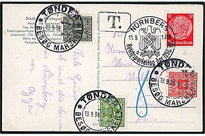 Tysk 12 pfg. Hindenburg på underfrankeret brevkort sendt fra NSDAP Reichsparteitag i Nürnberg d. 11.9.1938 til Tønder, Danmark. Udtakseret i porto med 1 øre, 2 øre og 5 øre Portomærke stemplet Tønder d. 13.9.1938.
