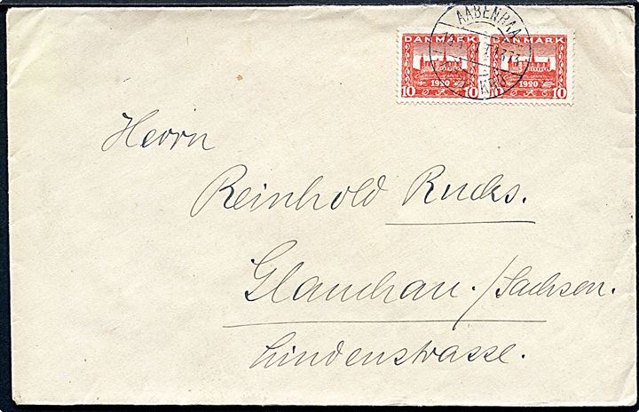 10 øre Genforening i parstykke på brev annulleret med bureaustempel Aabenraa - Røde Kro T.1373 d. 19.1.1921 til Glanchau, Tyskland.