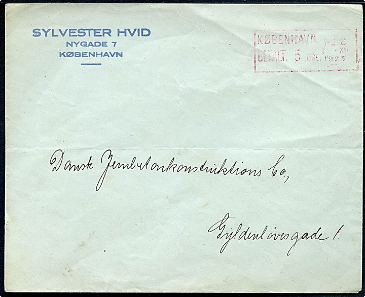 “Betalt 5 øre” postkontorfranko på lokal tryksag i København d. 7.12.1923. Anvendt på 2. dag med postkontor-frankostempel forsøg ved København Omk.