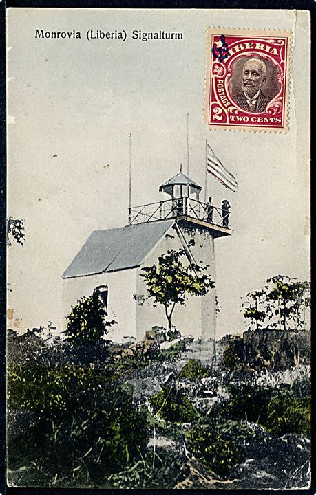 Liberia 2 cents på billedside at brevkort (Monrovia Signalturm) sendt som tryksag fra Monrovia d. 4.8.1912 til St. Thomas, D.V.I. - eftersendt til Christiansted og ank.stemplet Christiansted d. 8.9.1912.