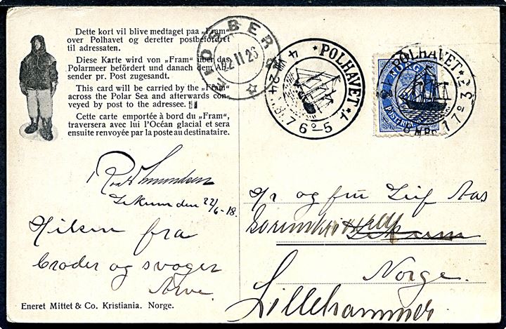 20 øre Posthorn på “Fram” postkort annulleret Polhavet d. 13.9.1918 og sidestemplet Polhavet d. 4.8.1924 til Norge. Ank.stemplet i Eidsberg d. 22.2.1926.