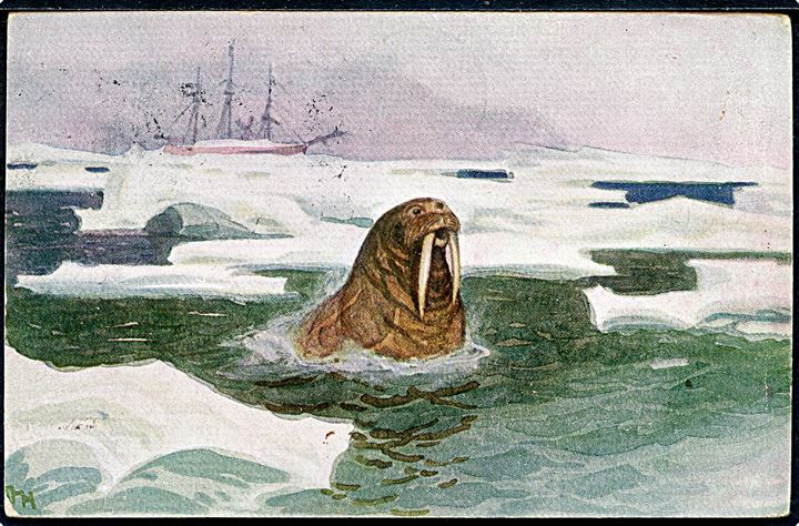 20 øre Posthorn på “Fram” postkort annulleret Polhavet d. 13.9.1918 og sidestemplet Polhavet d. 4.8.1924 til Norge. Ank.stemplet i Eidsberg d. 22.2.1926.