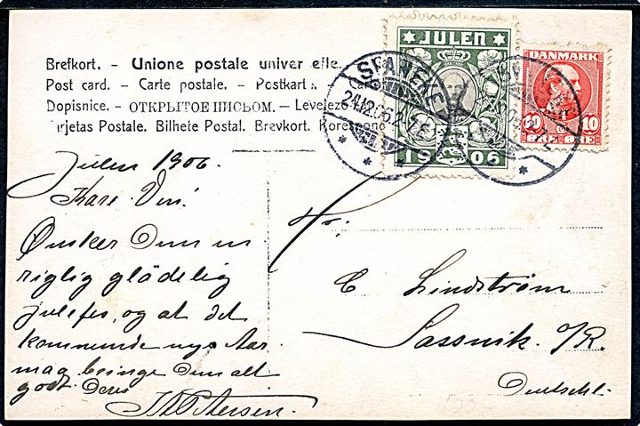 10 øre Chr. IX og Julemærke 1906 på brevkort stemplet i Svaneke d. 24.12.1906 til Sassnits på Rügen, Tyskland.