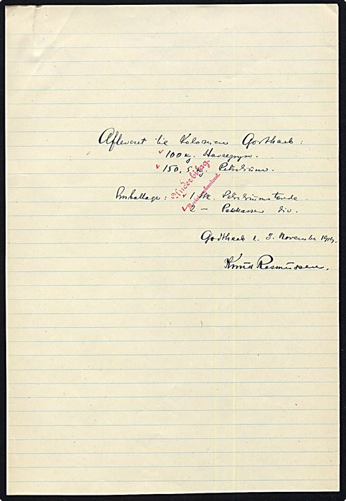 Håndskrevet kvittering dateret Godthaab d. 3.11.1919 og underskrevet: Knud Rasmussen.