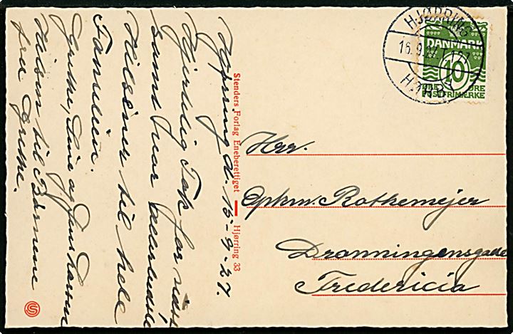 10 øre Bølgelinie på brevkort fra Hjørring annulleret med tydeligt bureaustempel Hjørring - Hørby T.127 d. 16.9.1927 til Fredericia. Sjældent stempel.