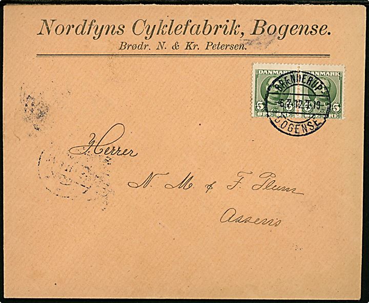 5 øre Fr. VIII i parstykke på firmakuvert fra Nordfyns Cykelfabrik i Bogense annulleret med sjældent bureaustempel Brænderup - Bogense T.19 d. 6.7.1912 til Assens. 