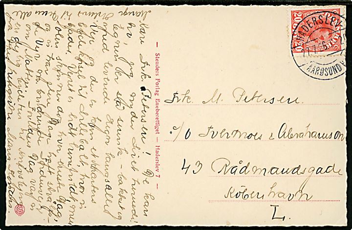 20 øre Chr. X på brevkort fra Haderslev annulleret med bureaustempel Haderslev - Aarøsund Havn T.20 d. 27.7.1926 til København.